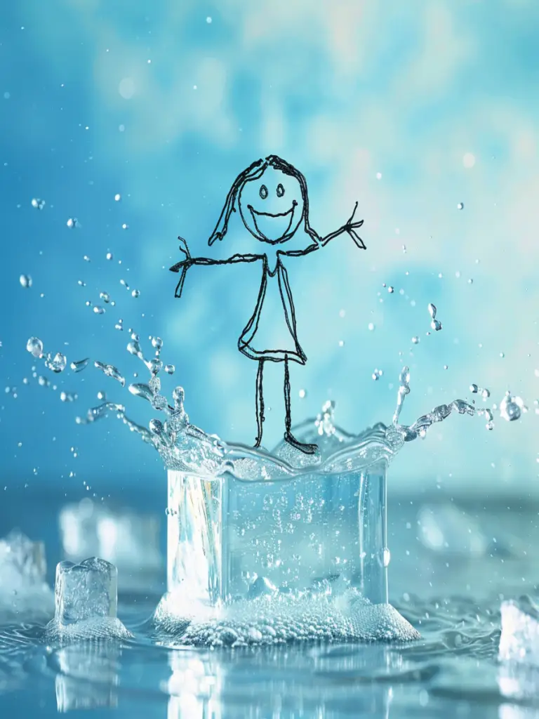 Stick figure smiling in water symbolizing joy and new beginnings