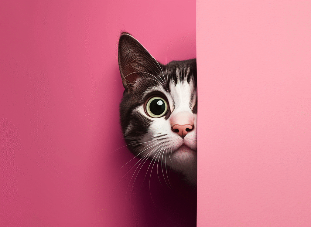 Cat peeking from behind pink wall