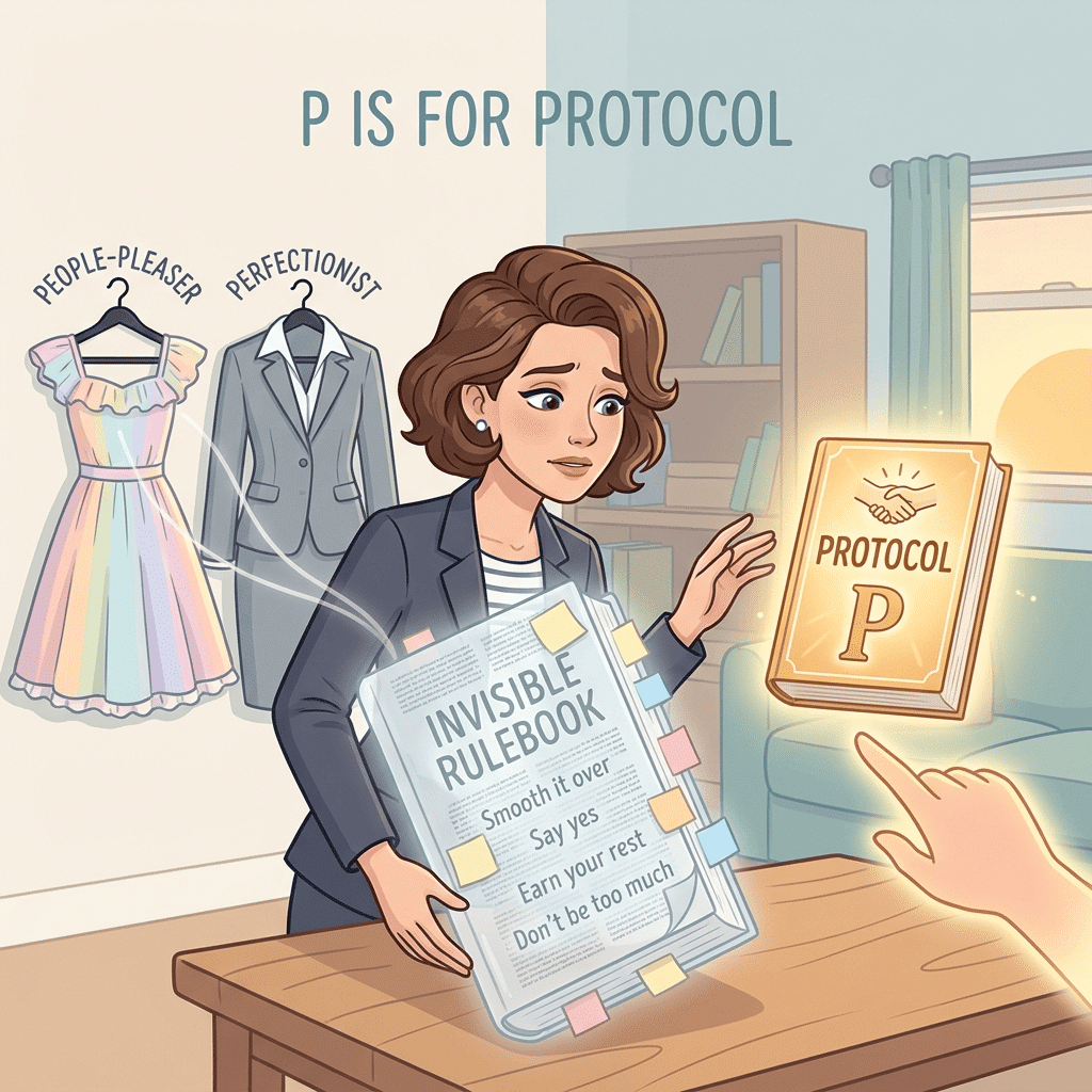 Cartoon woman in a blazer holding a glowing “Invisible Rulebook” covered in sticky notes while reaching toward a radiant “Protocol P” book, with pastel dresses labeled “people‑pleaser” and “perfectionist” hanging behind her, illustrating trading old invisible rules for a healthier, intentional protocol