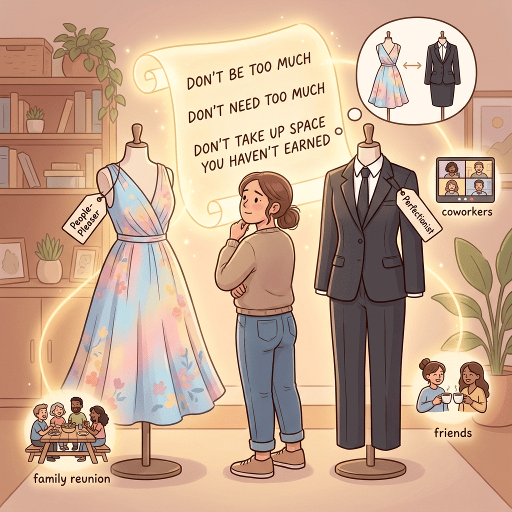 Cartoon woman standing between two mannequins, one wearing a colorful dress labeled “People‑Pleaser” and the other a sharp suit labeled “Perfectionist,” while a single glowing rule card behind them reads “don’t be too much, don’t need too much, don’t take up space you haven’t earned,” showing that different behaviors share the same invisible protocol underneath.