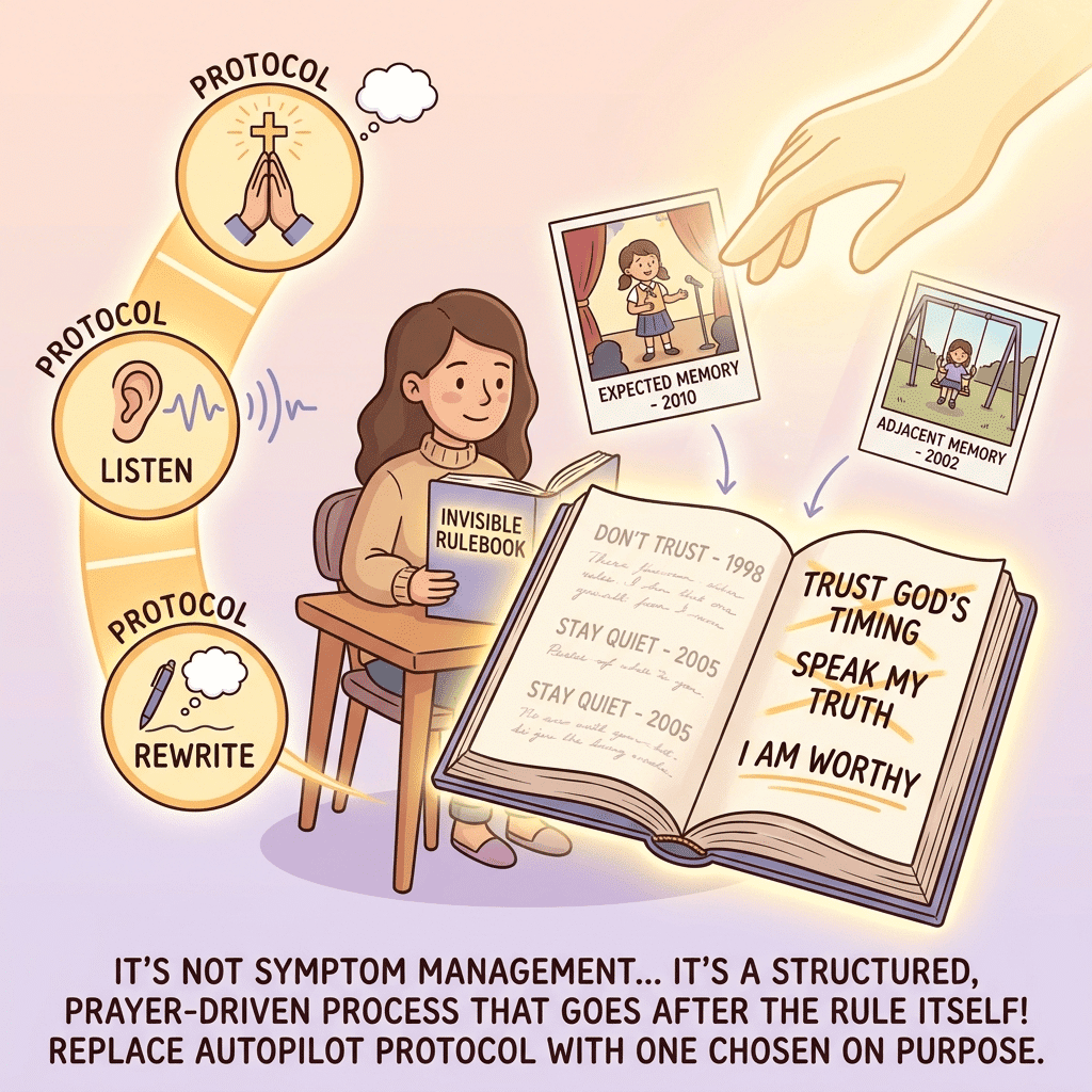 Cartoon woman sitting at a table with an open “Invisible Rulebook” while a glowing “Protocol” path labeled “open in prayer, listen, rewrite” curves beside her, small memory snapshots float overhead as a soft light from above guides her to edit old rules, illustrating Splankna’s structured, prayer‑led process that rewrites the rulebook instead of just managing symptoms.